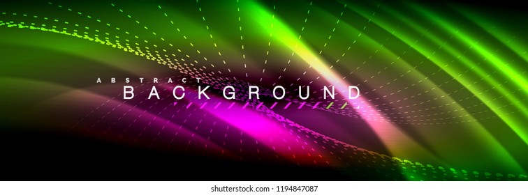 Olas de neón líquido que fluyen, líneas luminosas brillantes de fondo. Plantilla de diseño abstracto a la moda para presentación de negocios o tecnología, portada de póster de internet o de folletos web, fondo de pantalla. Vector