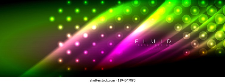 Liquid neon flowing waves, glowing light lines background. Trendy abstract layout template for business or technology presentation, internet poster or web brochure cover, wallpaper. Vector
