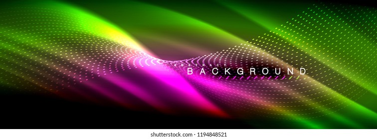 Liquid neon flowing waves, glowing light lines background. Trendy abstract layout template for business or technology presentation, internet poster or web brochure cover, wallpaper. Vector
