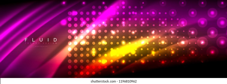 Liquid neon flowing waves, glowing light lines background. Trendy abstract layout template for business or technology presentation, internet poster or web brochure cover, wallpaper. Vector