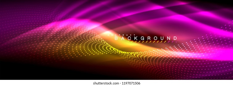 Olas de neón líquido que fluyen, líneas luminosas brillantes de fondo. Plantilla de diseño abstracto a la moda para presentación de negocios o tecnología, portada de póster de internet o de folletos web, fondo de pantalla. Vector