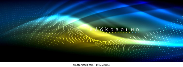 Flüssige neonfließende Wellen, leuchtende helle Linien Hintergrund. Trendy abstrakte Layout-Vorlage für Geschäfts- oder Technologiepräsentationen, Internet-Poster oder Web-Broschüren-Cover, Bildschirmhintergrund. Vektorgrafik
