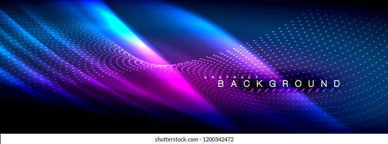Olas de neón líquido que fluyen, líneas luminosas brillantes de fondo. Plantilla de diseño abstracto a la moda para presentación de negocios o tecnología, portada de póster de internet o de folletos web, fondo de pantalla. Vector