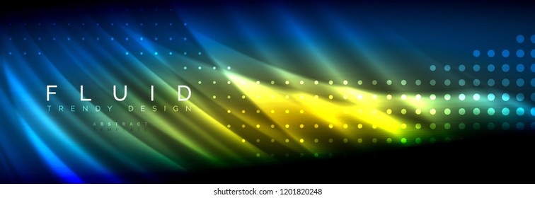 Olas de neón líquido que fluyen, líneas luminosas brillantes de fondo. Plantilla de diseño abstracto a la moda para presentación de negocios o tecnología, portada de póster de internet o de folletos web, fondo de pantalla. Vector