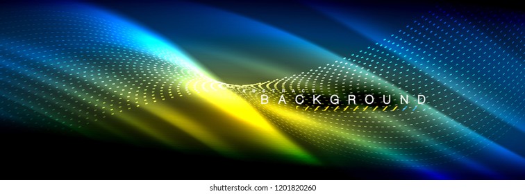 Olas de neón líquido que fluyen, líneas luminosas brillantes de fondo. Plantilla de diseño abstracto a la moda para presentación de negocios o tecnología, portada de póster de internet o de folletos web, fondo de pantalla. Vector