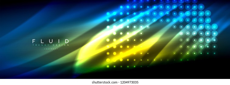 Liquid neon flowing waves, glowing light lines background. Trendy abstract layout template for business or technology presentation, internet poster or web brochure cover, wallpaper. Vector