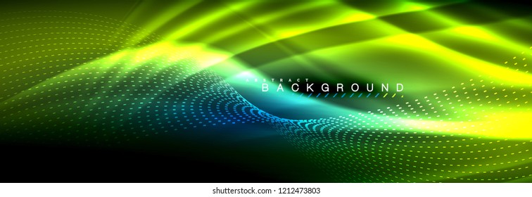Flüssige neonfließende Wellen, leuchtende helle Linien Hintergrund. Trendy abstrakte Layout-Vorlage für Geschäfts- oder Technologiepräsentationen, Internet-Poster oder Web-Broschüren-Cover, Bildschirmhintergrund. Vektorgrafik