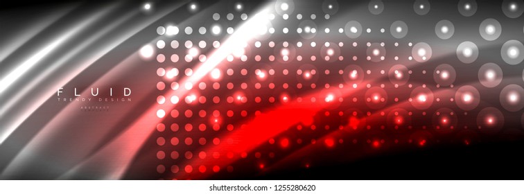 Olas de neón líquido que fluyen, líneas luminosas brillantes de fondo. Plantilla de diseño abstracto a la moda para presentación de negocios o tecnología, portada de póster de internet o de folletos web, fondo de pantalla. Vector