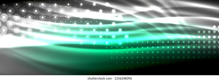 Olas de neón líquido que fluyen, líneas luminosas brillantes de fondo. Plantilla de diseño abstracto a la moda para presentación de negocios o tecnología, portada de póster de internet o de folletos web, fondo de pantalla. Vector