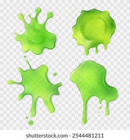 Conjunto de manchas de limo verde neón líquido. Manchas babosas realistas con gotas. Diferentes Formas de moco pegajoso goteante. Texturas abstractas aisladas. Salpicaduras de alienígenas tóxicos, gelatina, gelatina. Vector Clip arte.