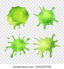 Mancha de limo verde neón líquido. Conjunto de manchas babosas realistas con gotas. Diferentes Formas de moco pegajoso goteante. Texturas abstractas aisladas con brillo. Salpicaduras de alienígenas tóxicos, gelatina, gelatina. Vector