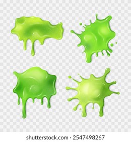 Conjunto de manchas de limo verde neón líquido. Manchas babosas realistas con gotas. Diferentes Formas de moco pegajoso goteante. Texturas abstractas aisladas. Salpicaduras de alienígenas tóxicos, gelatina, gelatina. Elementos de Vector.