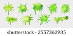 Liquid neon green slime blots set. Transparent slimy stains with dripping drops in various shapes. Sticky, oozing mucus textures. Isolated abstract elements. Vector clip art.