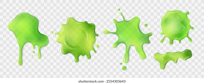 Liquid neon green slime blots set. Transparent slimy stains with drops. Different shapes of sticky dripping mucus. Isolated abstract textures. Toxic alien splashes, jelly, gelatin. Vector clip art.