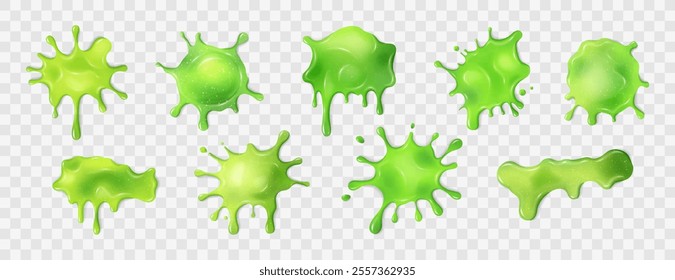 Liquid neon green slime blots set. Transparent slimy stains with dripping drops in various shapes. Sticky, oozing mucus textures. Isolated abstract elements. Vector clip art.