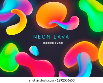 Liquid neon lava lamp vector geometric background for banner or UI design.  Vivid gradient mesh bubbles on black. Fluid multicolored luminescent abstract shapes in mask EPS 10