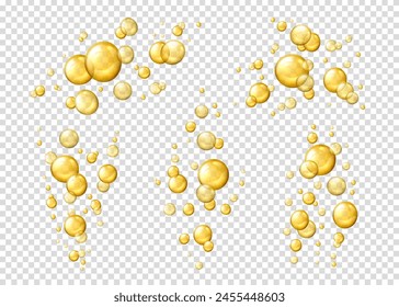 Liquid oil bubbles, yellow collagen serum. Isolated 3d vector realistic shiny drops, gold cosmetic pills or capsules. Oily vitamin essence droplets. Oil bubbles or balls flying or floating in the air