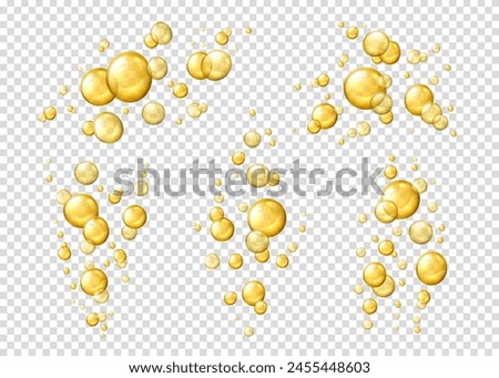 Liquid oil bubbles, yellow collagen serum. Isolated 3d vector realistic shiny drops, gold cosmetic pills or capsules. Oily vitamin essence droplets. Oil bubbles or balls flying or floating in the air