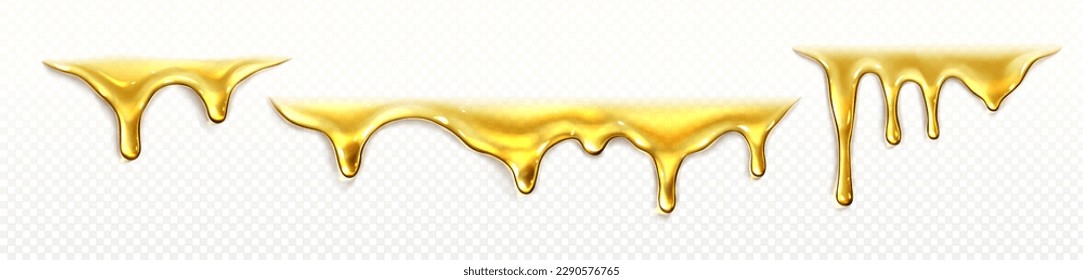 Liquid oil drip vector drop flow border illustration. Yellow melt honey syrup. Realistic gold sticky fluid sauce leak set isolated on transparent background. Clear golden molten gel droplet collection