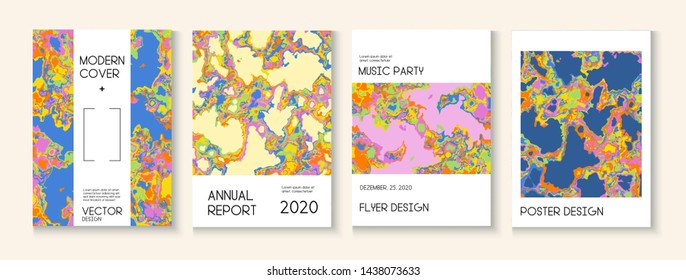 Liquid Oil Paint Minimal Vector Cover Layout. Corporate Identity, Music Poster Template. Green, Yellow, Pink, Orange Design. Modern Earth Day Ecology Poster. Cool Liquid Paint Minimal Cover