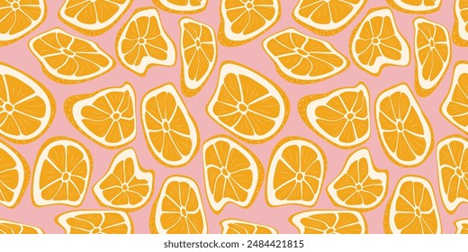 Liquid orange slices. Modern trendy pattern with fruit. Design for cosmetics, spa, juice, health care products, perfume, paper, cover, fabric, interior decor. Trendy background.