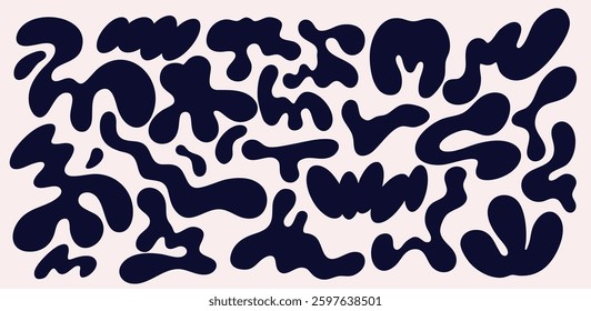 Liquid Organic Abstract Shapes set. Black Psychedelic Curvy Forms, Wavy Figures. Trend Uneven Blots, Hand Drawn Organic Amoeba Blob Shapes Set. Vector Irregular Round Blot Elements, Irregular Forms.