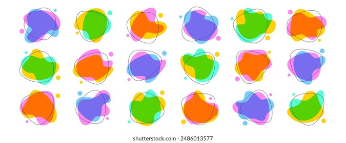 Liquid organic blob shape with irregular forms set in vibrant colors. Colorful simple freeform, asymmetric abstract figures with lines. Random deformed spots. Fluid round amoeba splodges, uneven blots