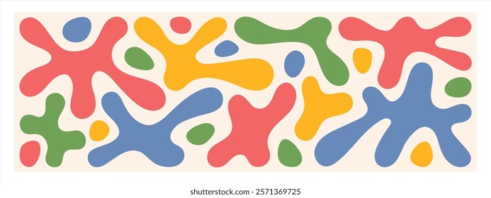 Liquid, organic blobs, blots, blotches, groovy doodle rounded shapes inscribed in a rectangle long banner shape. Colorful fluid trendy graphic design element, text background, header.