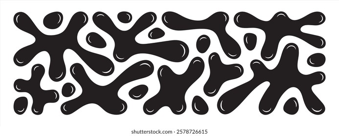 Liquid, organic blobs, blots, blotches, groovy doodle shapes inscribed in a rectangle long banner shape. Paint ink splashes, spots. Black fluid graphic design element, text background, header.