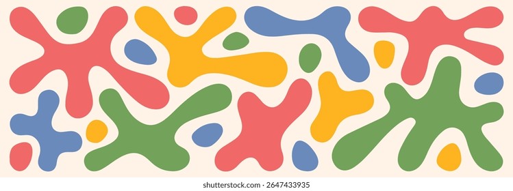 Bolhas líquidas, orgânicas, manchas, manchas, groovy doodle formas arredondadas inscrito em um retângulo forma longa banner. Elemento de design gráfico moderno fluido colorido, fundo de texto, cabeçalho. Arquivo eps vetorial.