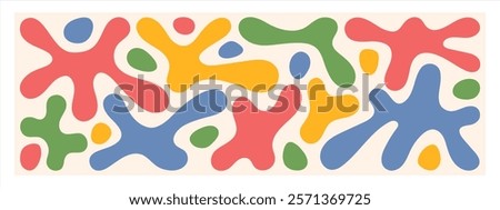 Liquid, organic blobs, blots, blotches, groovy doodle rounded shapes inscribed in a rectangle long banner shape. Colorful fluid trendy graphic design element, text background, header.