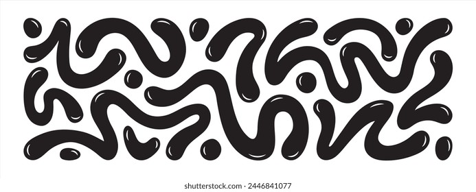 Liquid, organic blobs, y2k style squiggles, groovy doodle wavy stripes inscribed in a rectangle long banner shape. Bold scribbles, spots. Black fluid graphic design element, text background, header.