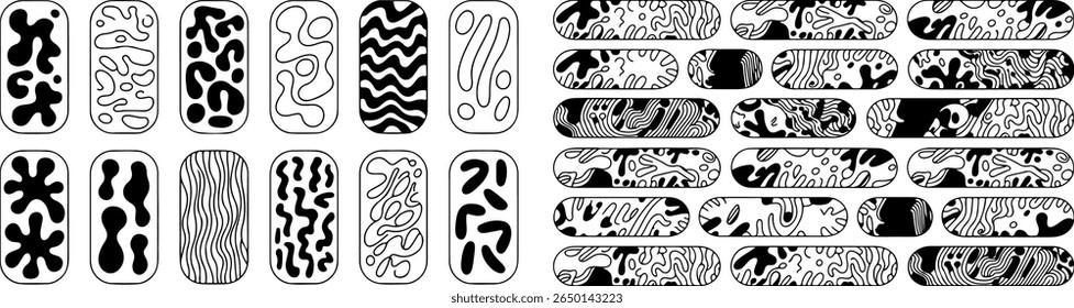 Bolhas líquidas, orgânicas, rabiscos estilo y2k, listras onduladas groovy doodle inscrito em um retângulo forma de banner longo. Rabiscos, linhas. Elemento de design gráfico fluido preto, fundo de texto em eps 10.