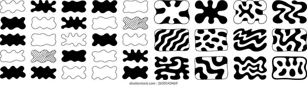 Bolhas líquidas, orgânicas, rabiscos estilo y2k, listras onduladas groovy doodle inscrito em um retângulo forma de banner longo. Rabiscos, linhas. Elemento de design gráfico fluido preto, fundo de texto em eps 10.
