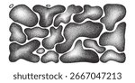 Liquid organic dots shapes set. Irregular bacteria silhouette figures. Abstract grainy noise fluid gradient. Uneven shape splashes. Wavy 3d water drops. Vector charcoal amoeba background illustration.