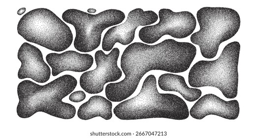 Formas de pontos orgânicos líquidos ajustadas. Figuras irregulares da silhueta da bactéria. Gradiente de fluido de ruído granulado abstrato. Espirra de forma irregular. Água ondulada 3d cai. Ilustração do plano de fundo de carvão vetorial.