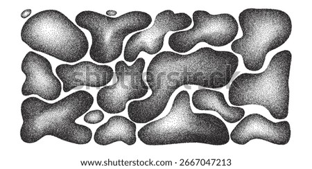Liquid organic dots shapes set. Irregular bacteria silhouette figures. Abstract grainy noise fluid gradient. Uneven shape splashes. Wavy 3d water drops. Vector charcoal amoeba background illustration.