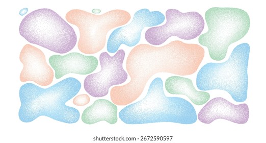 Liquid organic grain gradient pastel shapes set. Irregular bacteria dots figures. Abstract grainy noise fluid. Uneven shape splashes. Wavy blob and drops. Vector dynamic spots background illustration.