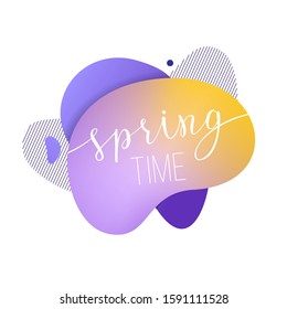 Liquid organic shape banner and handwritten text Spring Time. Fluid abstract yellow, violet, purple and blue colors element.