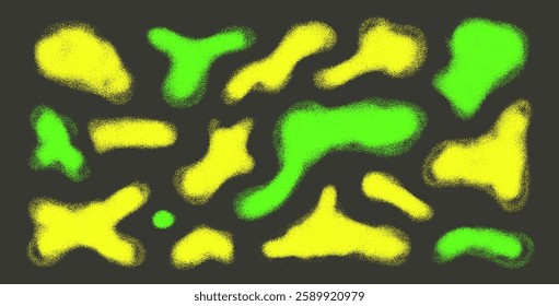 Liquid organic shapes set. Irregular highlight splodge figures. Random punk abstract fluid figures. Uneven shape splashes. Wavy blob stains. Curvy flat drops. Vector hand drawn illustration.