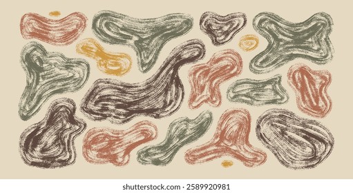 Liquid organic shapes set. Irregular dry brush marker splodges figures. Random abstract fluid. Rough shape splashes. Wavy blob stains. Curvy flat drops. Vector hand drawn textured background.
