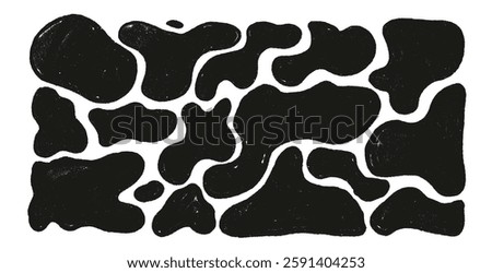 Liquid organic shapes set. Irregular splodge silhouette figures. Random abstract noisy fluid. Uneven shape splashes. Wavy blob stains. Curvy drops. Vector hand drawn charcoal background illustration.
