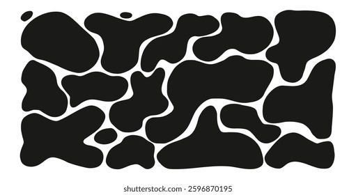 Liquid organic shapes silhouette set. Irregular splodge figures. Random abstract fluid figures. Uneven shape splashes. Wavy blob stains. Curvy flat drops. Vector hand drawn background illustration.