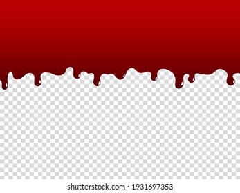 Liquid paint. Cartoon red dripping inky stain. Oozing bloody border on transparent background. Creepy fluid wave, flowing blood template. Flat style horizontal melted substance. Vector scary mockup