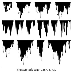 Liquid paint dripping. Oil stain. Black ink streak, fluid smudge. Abstract blob. Vector illustration on white background