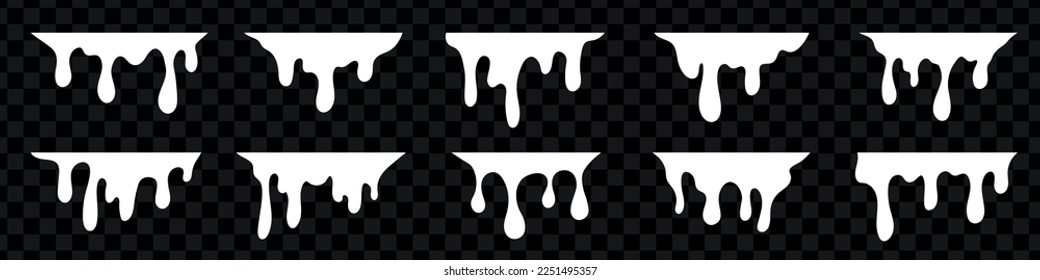 Liquid paint dripping. White melt drop set. white cream leak drop splash, isolated milk yogurt flowing drops. Vector illustration