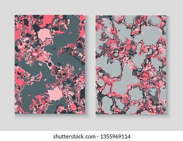 Liquid Paint Marble Vector Background Set. Terrazzo Stone Textured Organic Cover. Granite, Pebble Border. Liquid Oil, Watercolor Paint, Marble Pattern. Cool Magazine Minimal Cover Page, Fluid Design