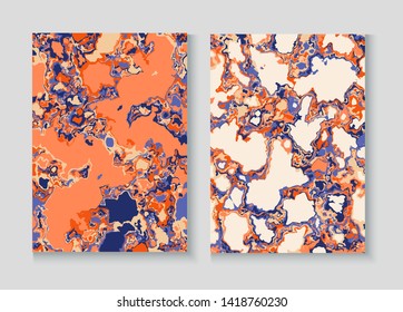 Liquid Paint Marble Vector Background Set. Terrazzo Stone Textured Organic Cover. Granite, Pebble Border. Liquid Oil, Watercolor Paint, Marble Pattern. Modern Folder Minimal Cover Page, Fluid Design