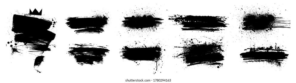 Liquid paintbrush set. Isolated black ink stains and brush marks with dirty stains. Grunge silhouette brushstroke with drops blots. Set Vector brush paint. Boxes with spray graffiti and frame for text