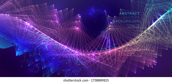 Liquid particle background with 3d wireframe structure design element. Abstract dynamic flow concept for graphic landing page layout. Eps10 vector.